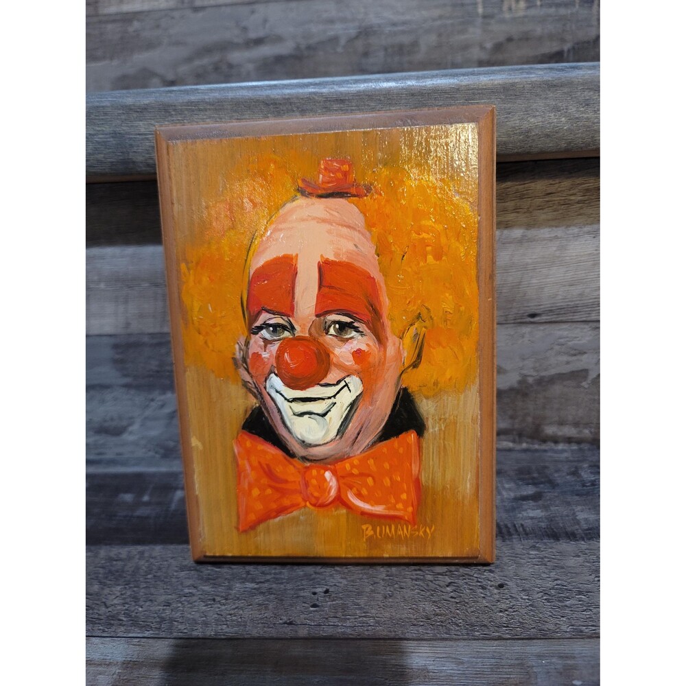 Original Clown Painting Signed by Bumansky on Wooden Plaque 5.5x7.5